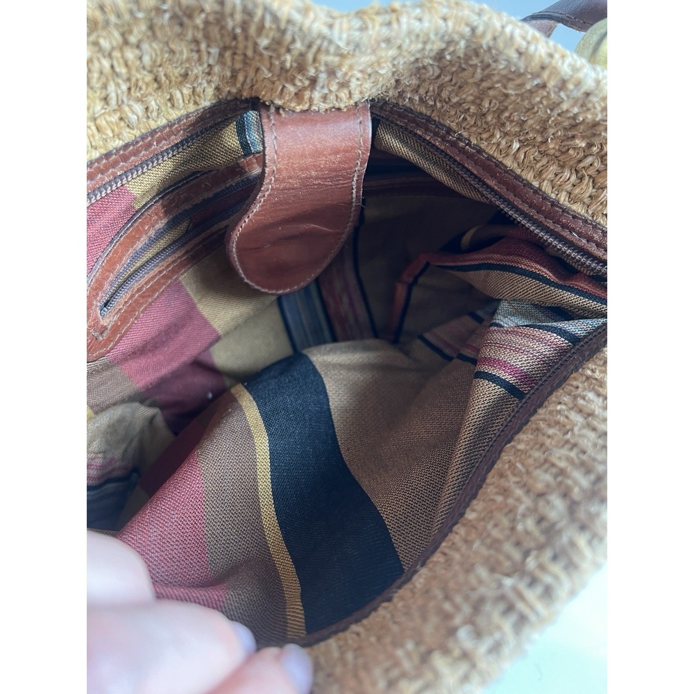 Vtg Dillards Jute Leather Trim Shoulder Handbag Women Tan Brown Lined Bag - Picture 6 of 9